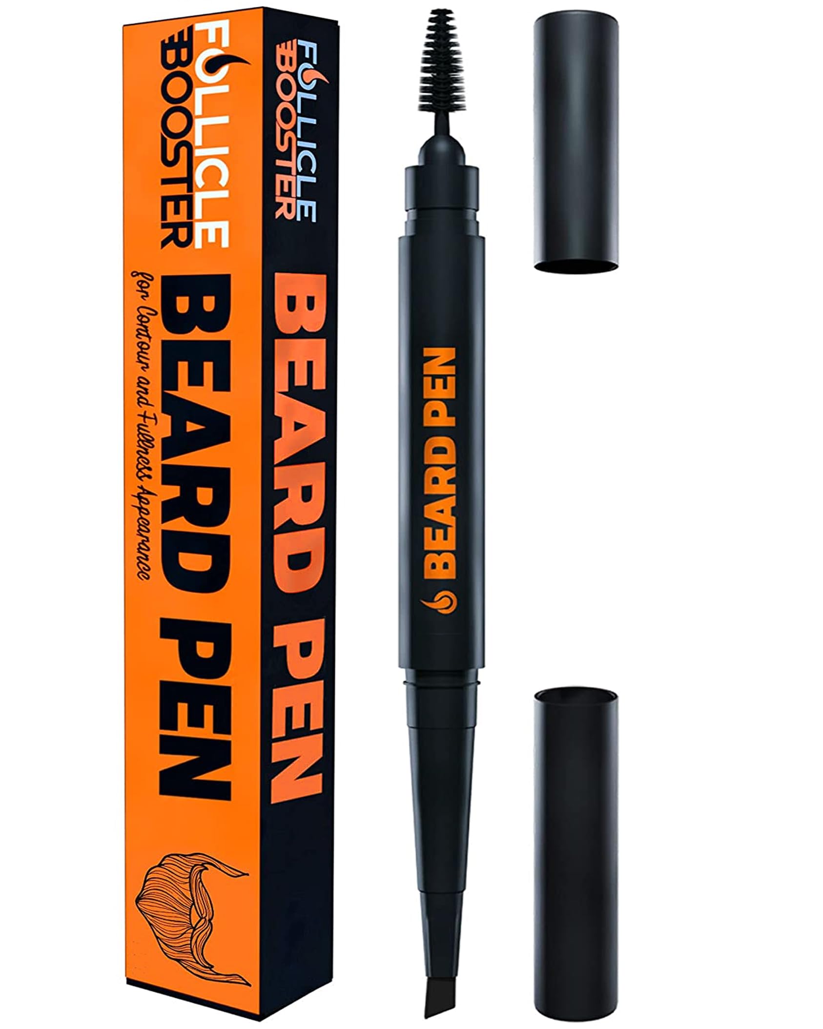 FOLLICLE BOOSTER Beard Pen Black Pack close-up, showcasing a discreet tool for quick patch coverage.