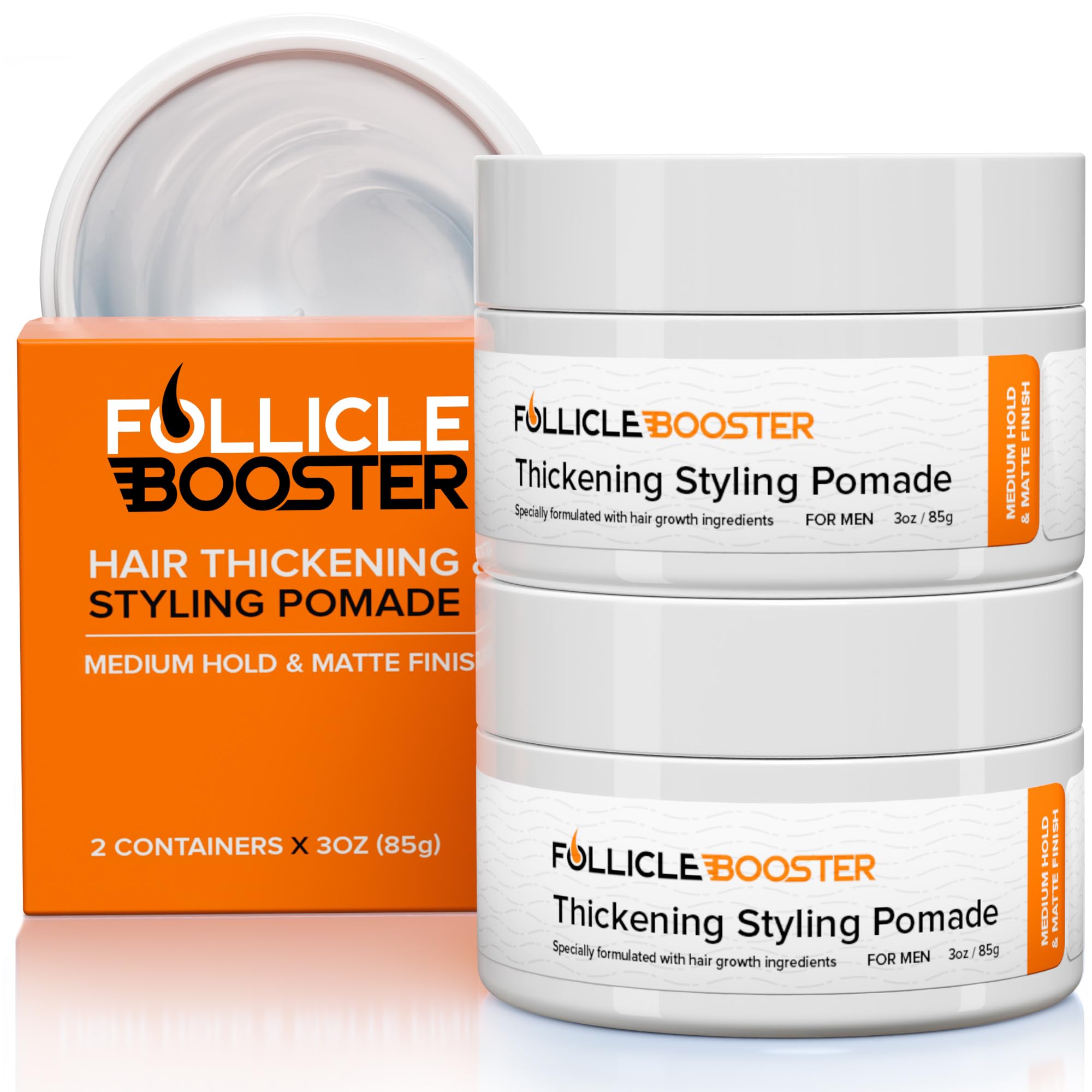 Follicle Booster thickening pomade tube close-up showing natural ingredients for hair vitality