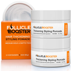 Follicle Booster thickening pomade tube close-up showing natural ingredients for hair vitality