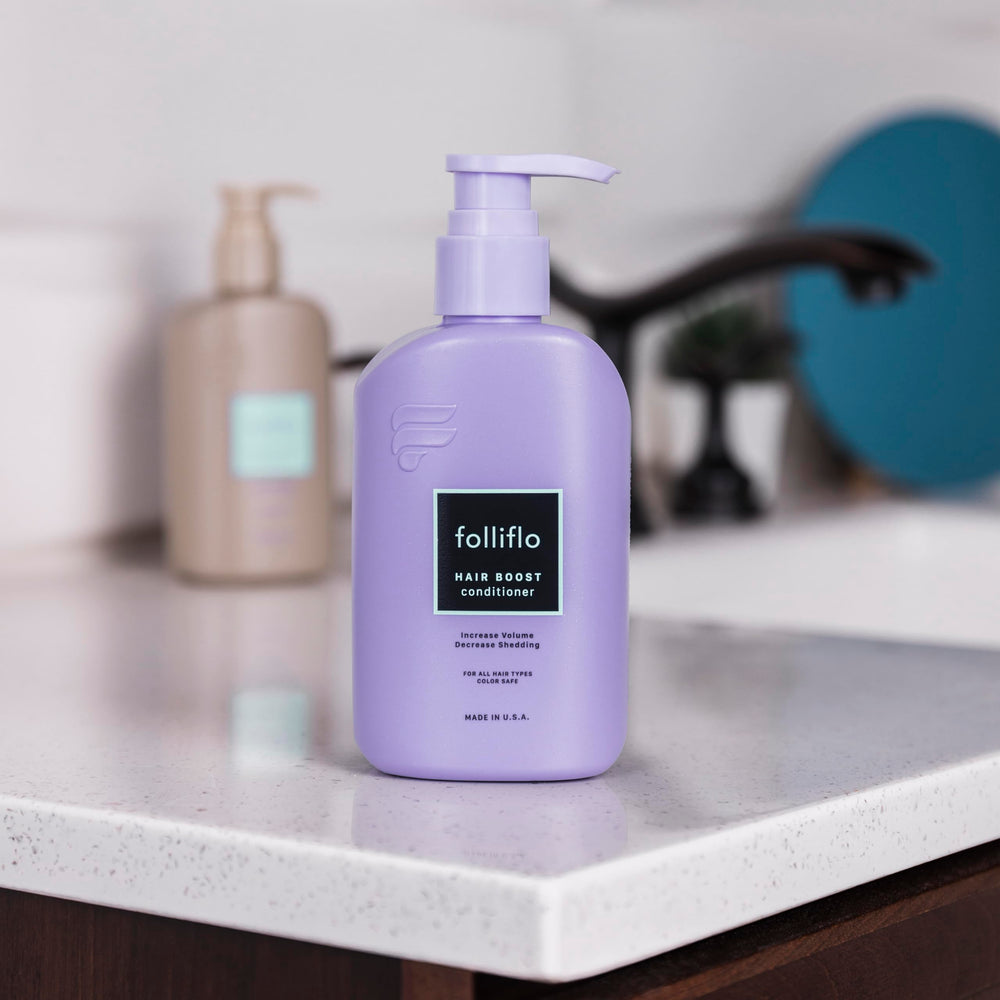 Folliflo bottle and pump illustrating controlled dispensing.
