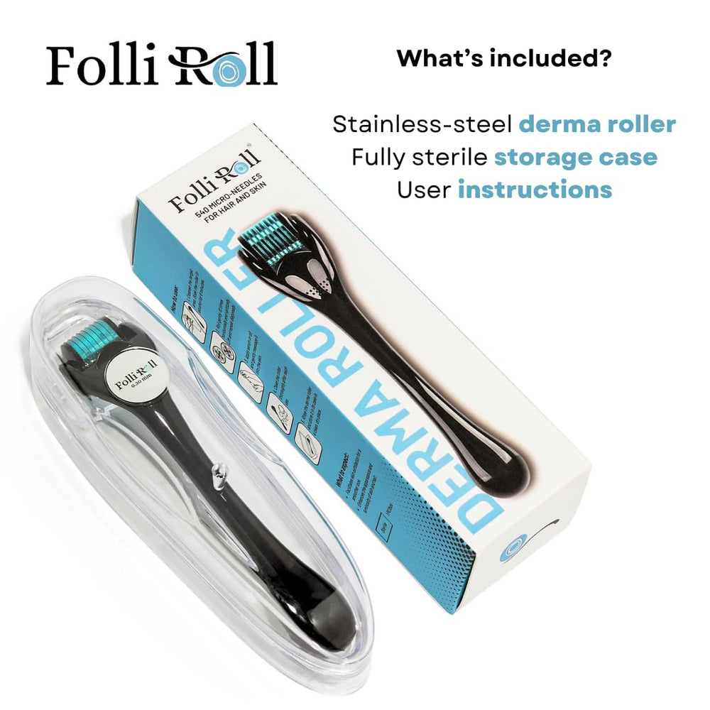 FolliRoll derma roller ergonomic, lightweight design for easy handling.