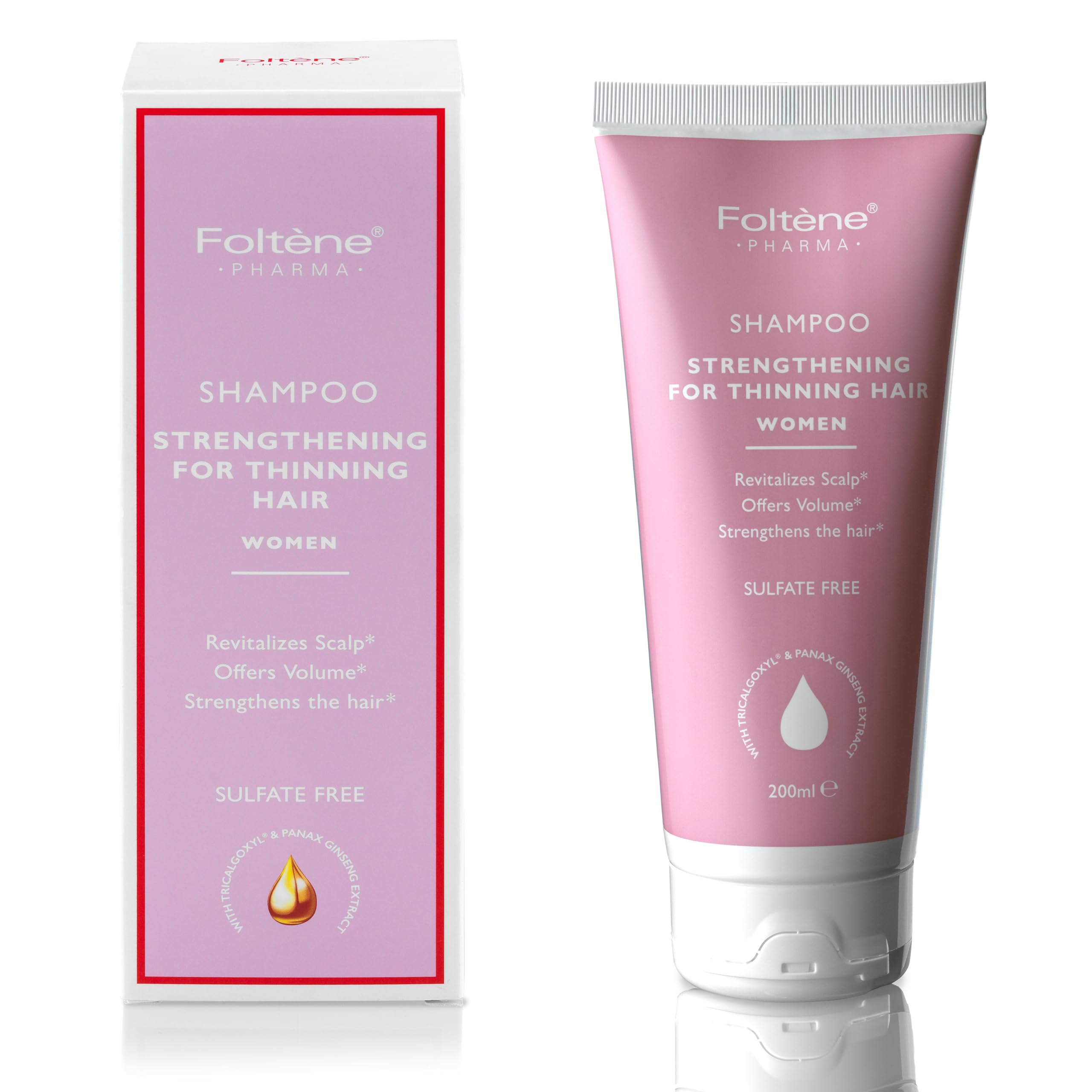 Foltene Strengthening Shampoo for Women bottle pour demonstrates daily use and hair care focus