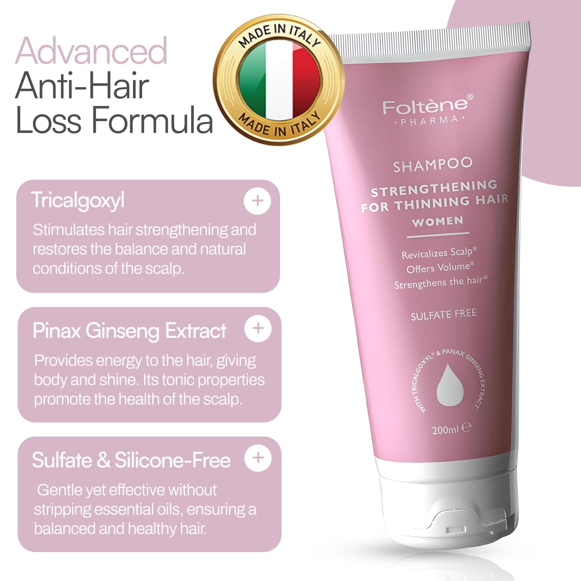 Foltene Strengthening Shampoo for Women close-up shows hair strands with a fuller appearance