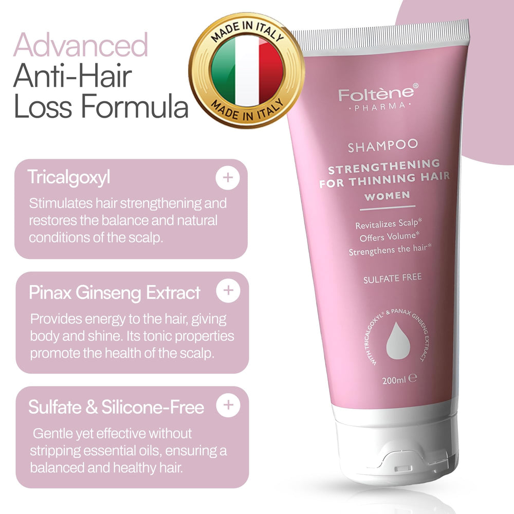 Foltene Strengthening Shampoo for Women close-up shows hair strands with a fuller appearance