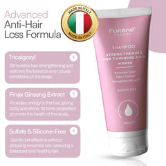 Foltene Strengthening Shampoo for Women close-up shows hair strands with a fuller appearance