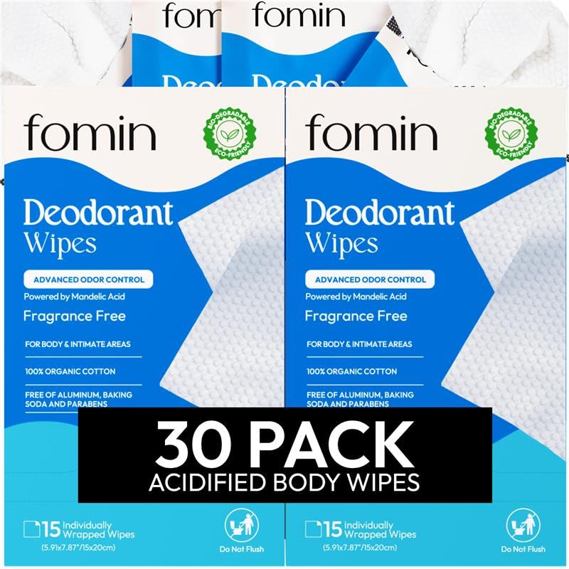 FOMIN acidified travel wipes packaging close-up for on-the-go freshness
