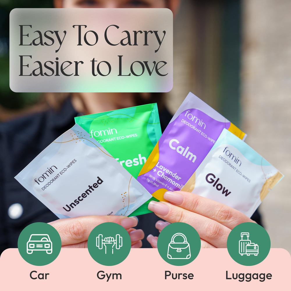 FOMIN biodegradable, plastic-free wipes for eco-conscious travel.
