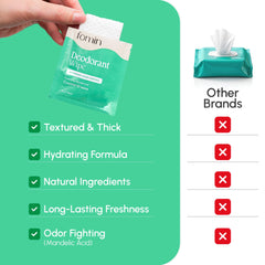 Closeup of FOMIN Coastal Breeze wipe showing compact, ready-to-use deodorant protection.