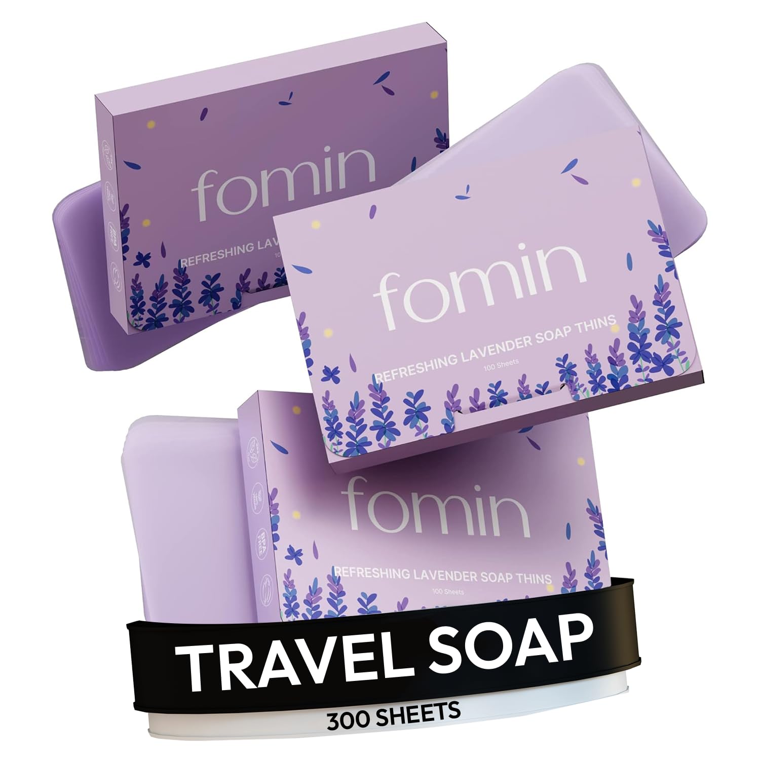 FOMIN lavender antibacterial paper soap sheets in bottle for on the go cleansing.