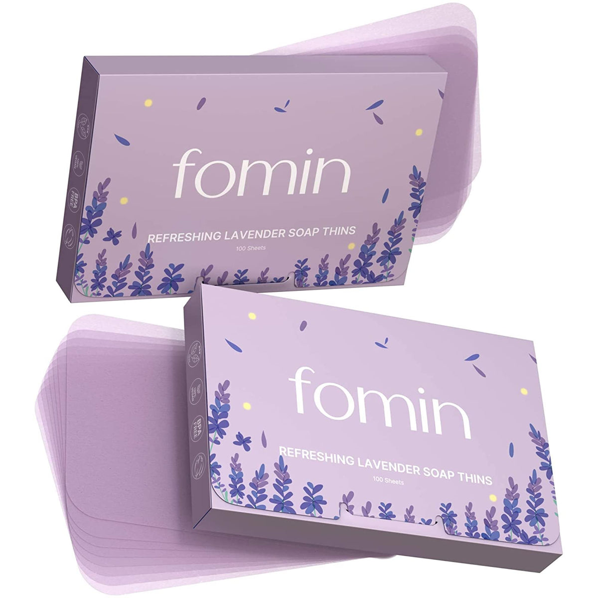 FOMIN lavender paper soap sheet dissolves in water to cleanse hands on the go