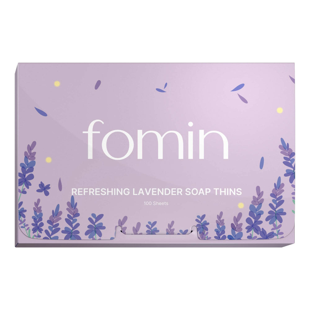 FOMIN lavender paper soap sheets packaging—compact travel companion for quick hand cleansing.