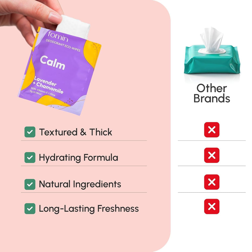 FOMIN mini deodorant wipes in an open sachet for quick refresh.