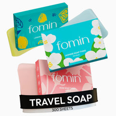 FOMIN paper soap sheets in rose fragrance for quick hand washing on the go.