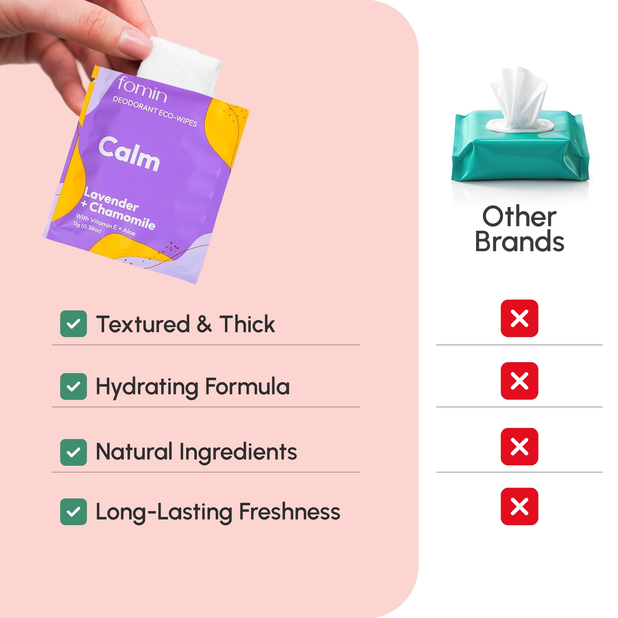 FOMIN wipes individually wrapped sachets for easy on-the-go use.