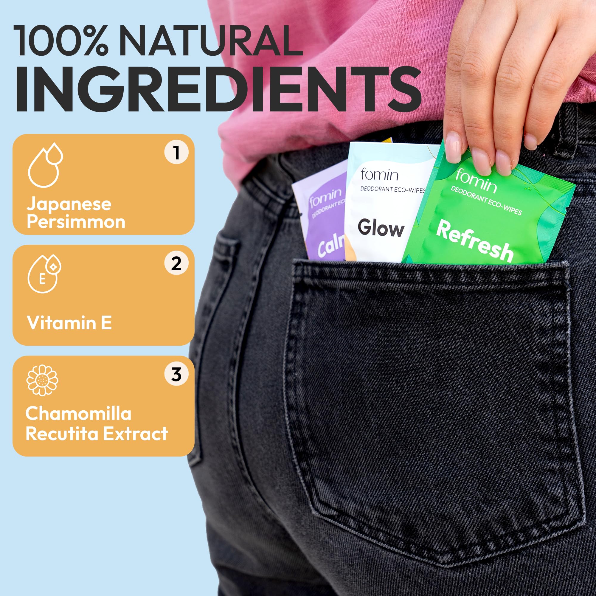 Pocket-size FOMIN wipes fit in car, bag, or wallet for quick refresh