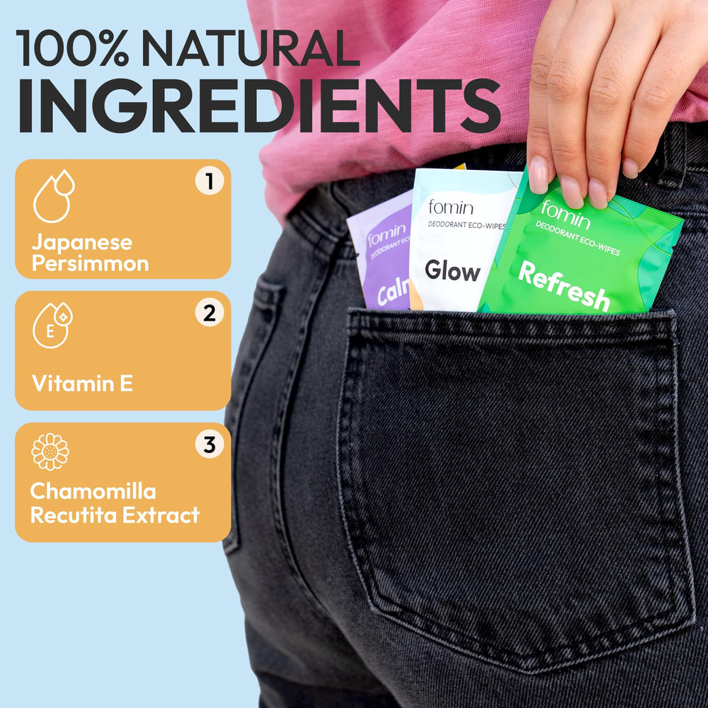 Pocket-size FOMIN wipes fit in car, bag, or wallet for quick refresh