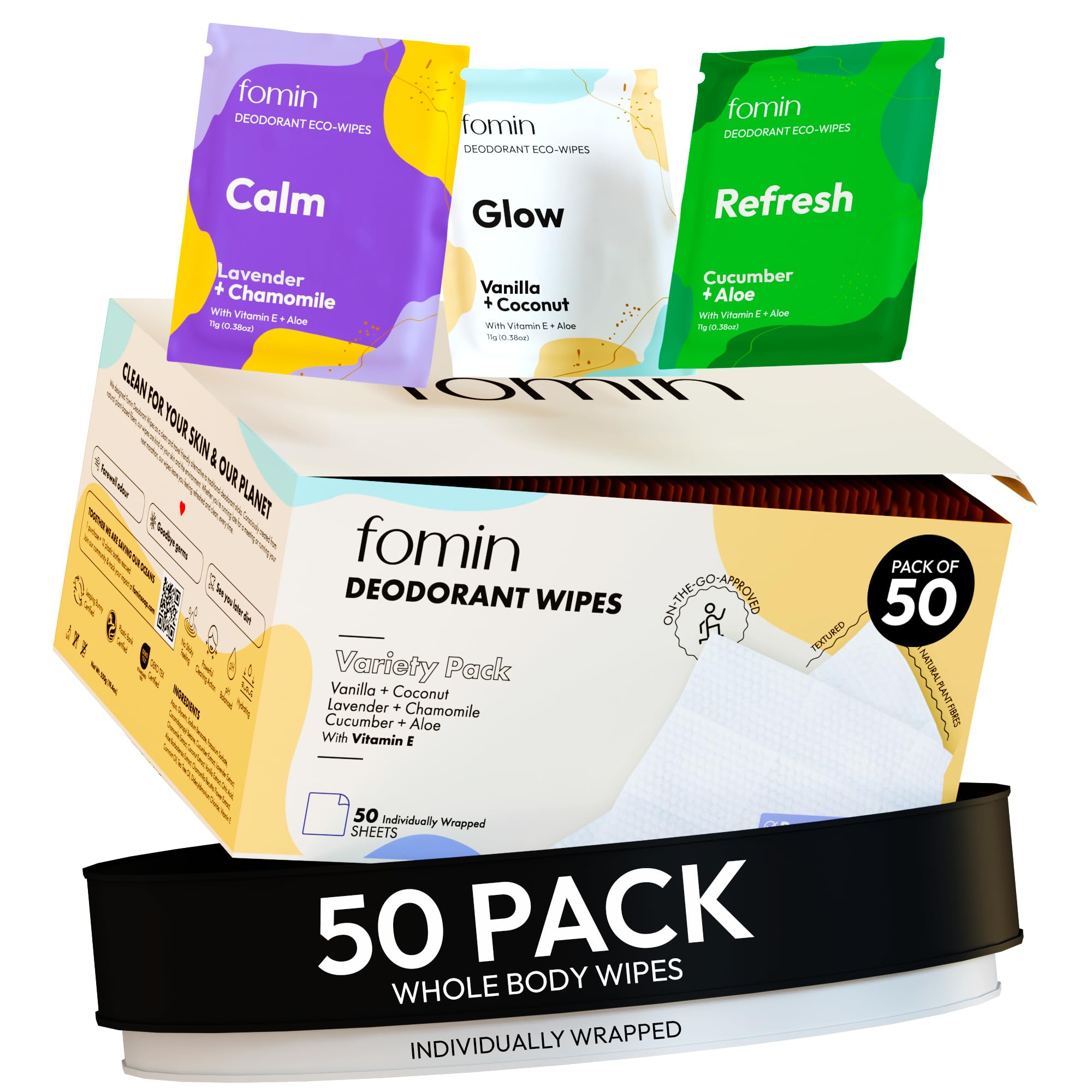 FOMIN Travel Deodorant Wipes variety pack, travel-friendly and ready to use.