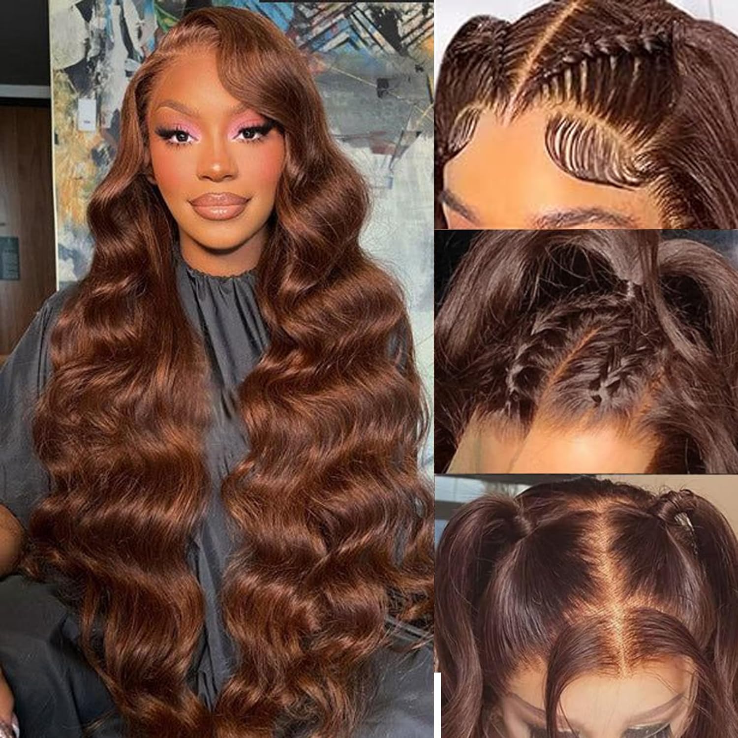 Fongly chocolate brown lace front wig 13x6 body wave front view for natural hairline.