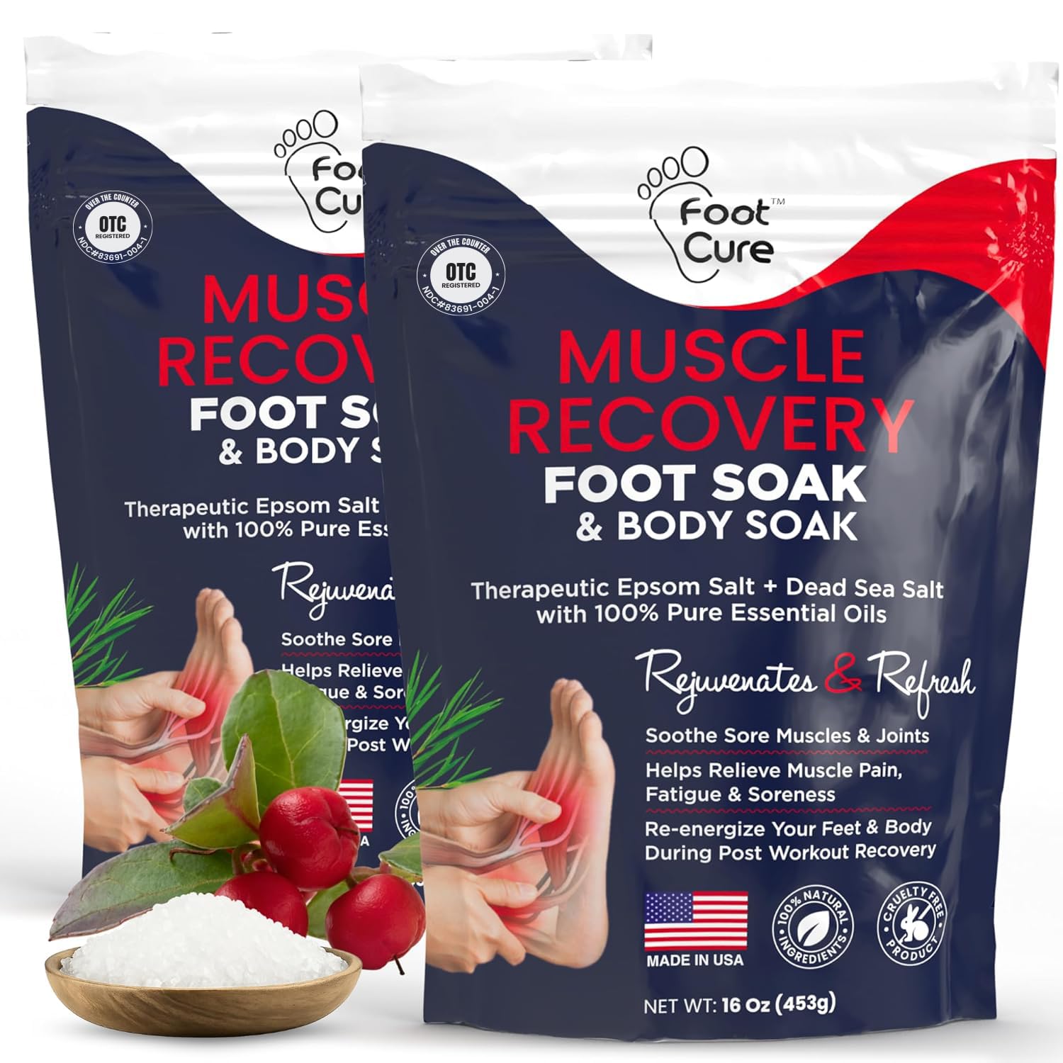 FOOT CURE Muscle Care Foot Soak in action with Epsom salts for tired feet