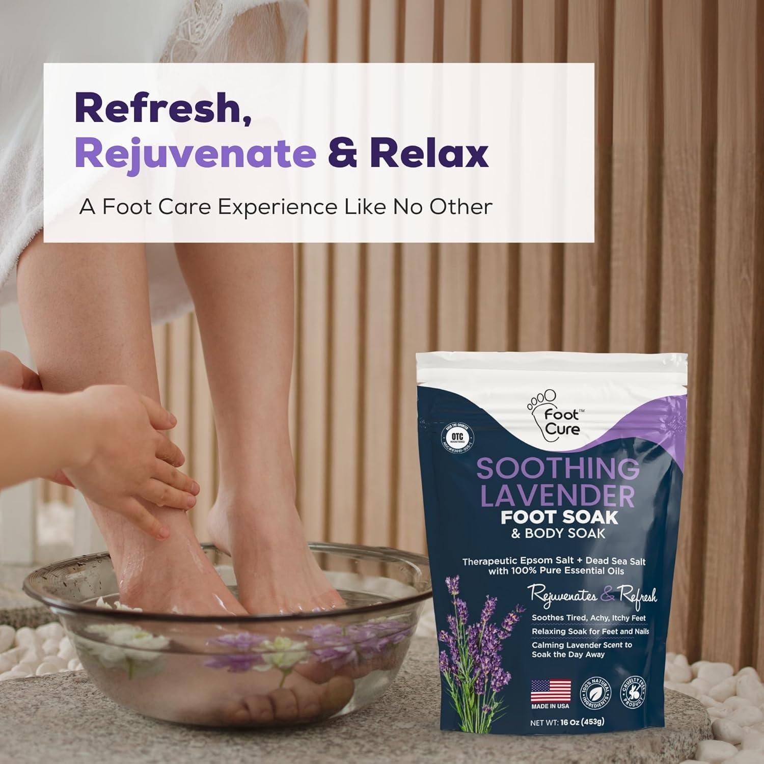 FOOT CURE Pack of 2 bottles on a bathroom counter.