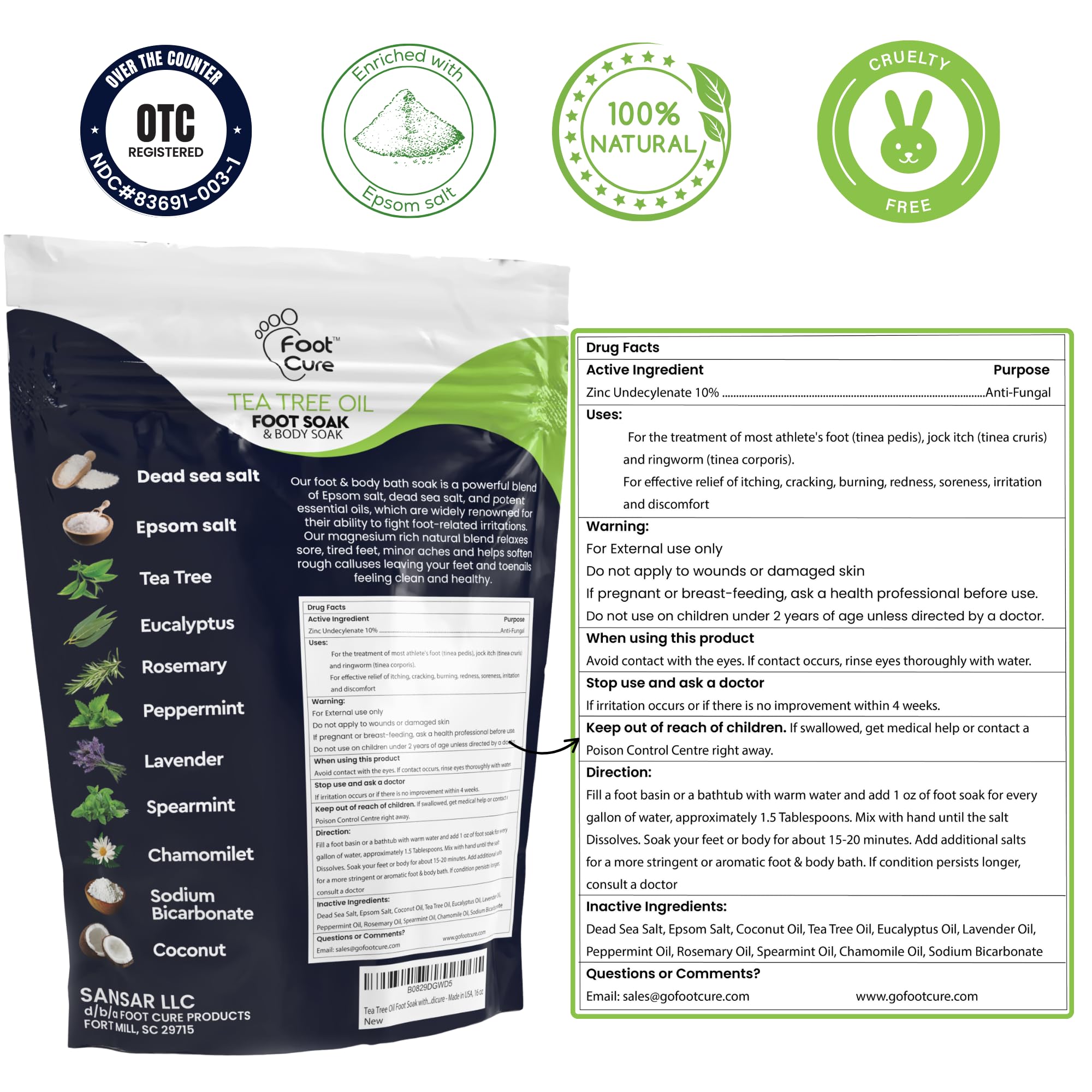FOOT CURE label close-up on tea tree foot soak bottle for easy identification.