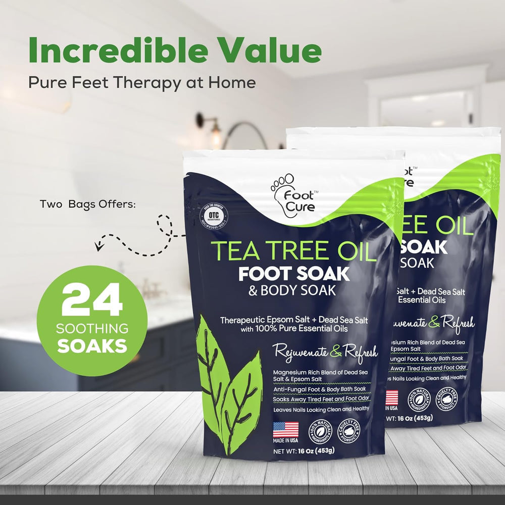 FOOT CURE Tea Tree Oil foot soak with Epsom salt crystals.