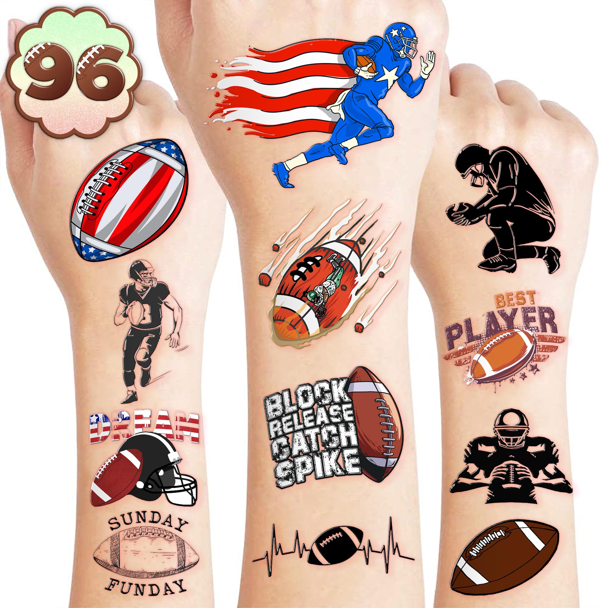 Decorating cups and party items with football tattoos for celebrations.