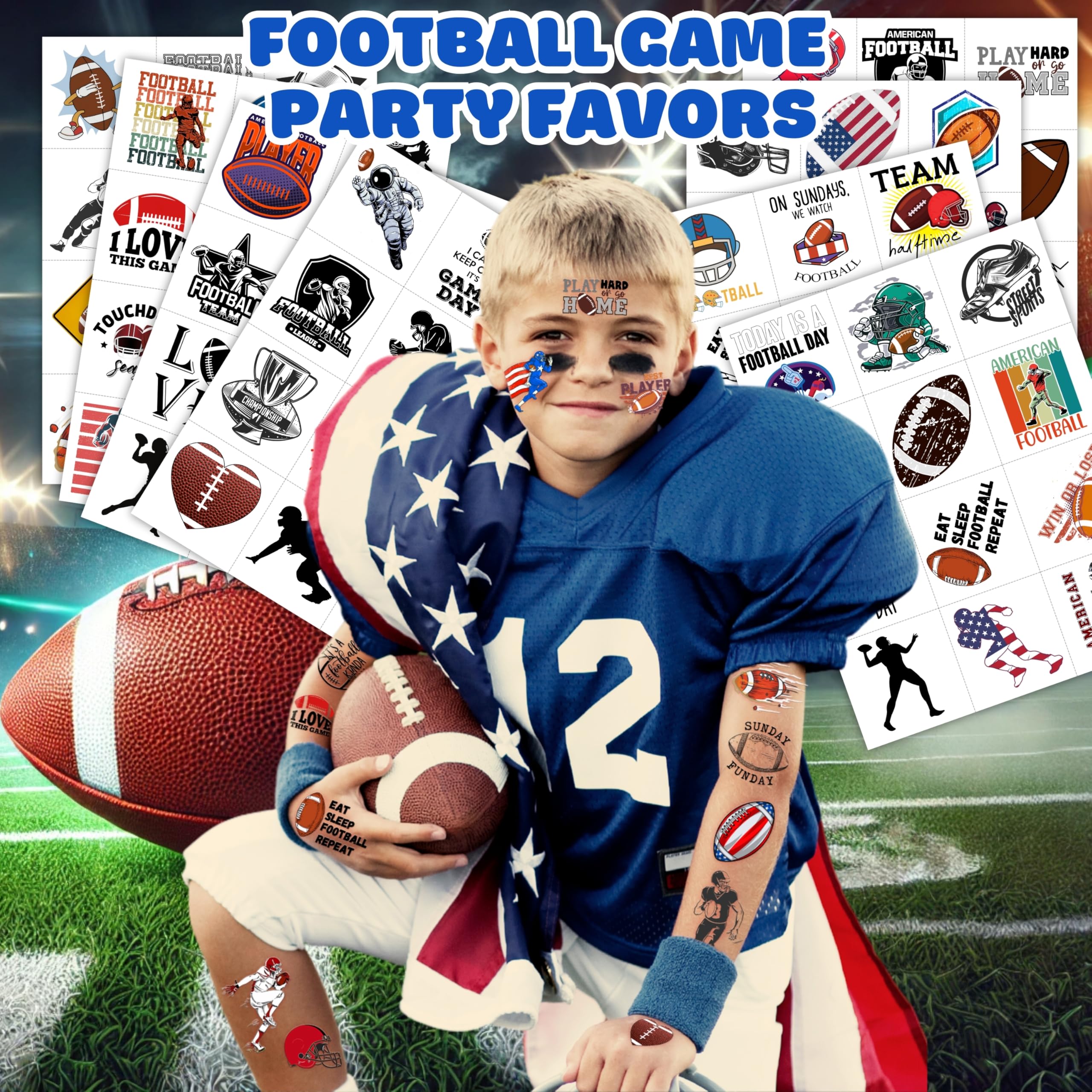 96PCS Football pre-cut tattoos sheets view, showing eight design sheets.