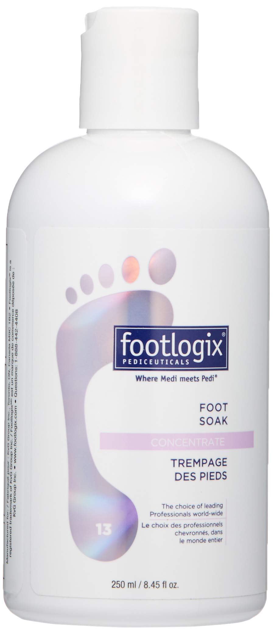 Footlogix Foot Soak Concentrate bottle closeup, gentle cleansing for dry feet.