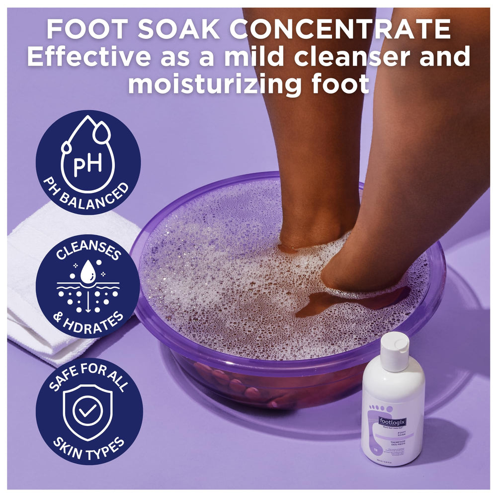 Footlogix Foot Soak Concentrate water dissolving, ready for a soothing foot soak.