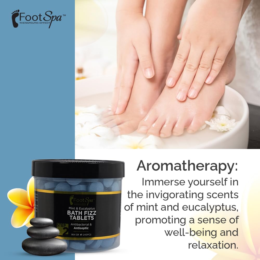 FootSpa Bath Fizz Mint & Eucalyptus bubbles closeup illustrating fizz and refreshing scent.