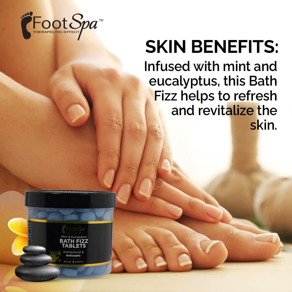 FootSpa Bath Fizz Mint & Eucalyptus foot soak scene for tired feet after work.