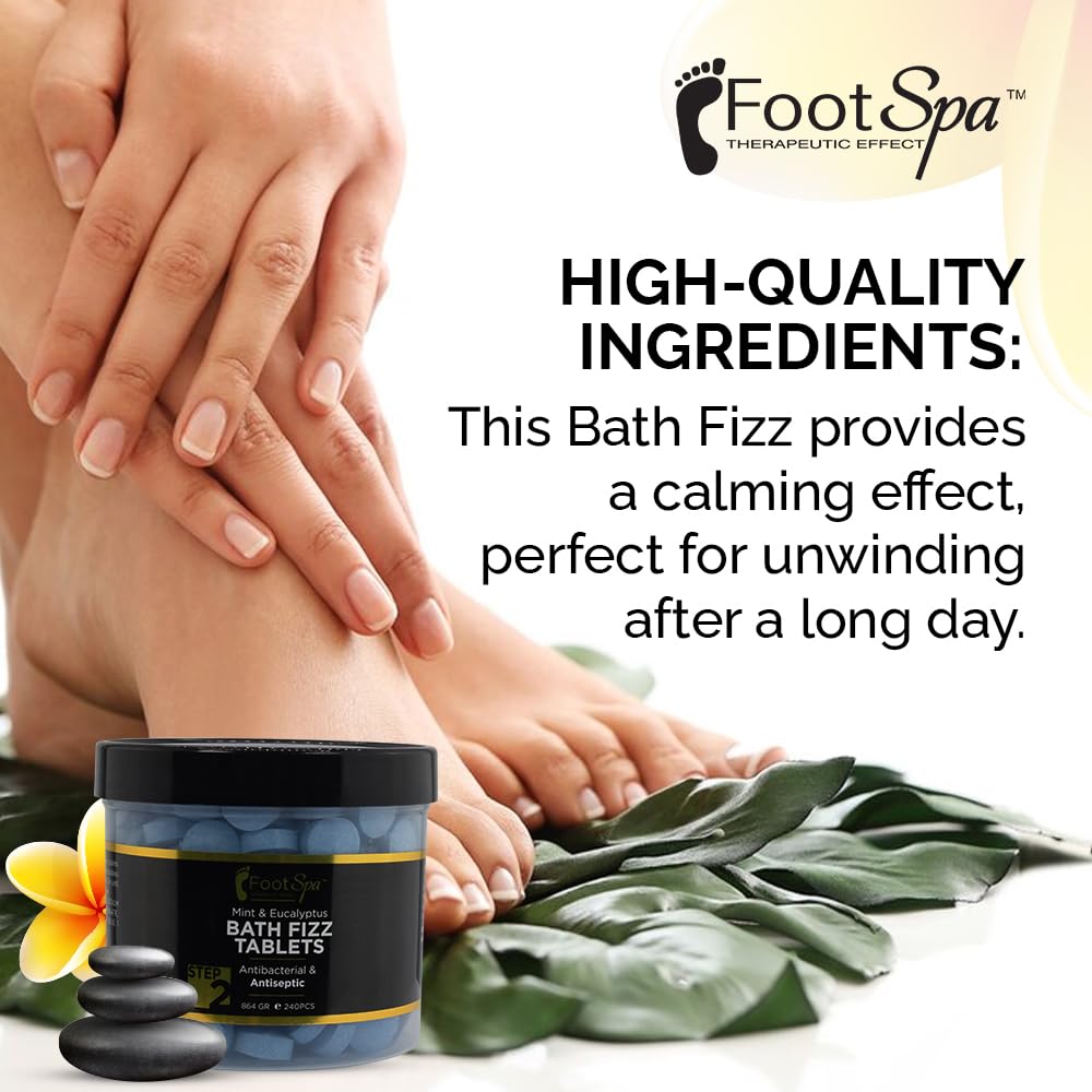 FootSpa Bath Fizz Mint & Eucalyptus scoop measure showing generous 42-ounce container.
