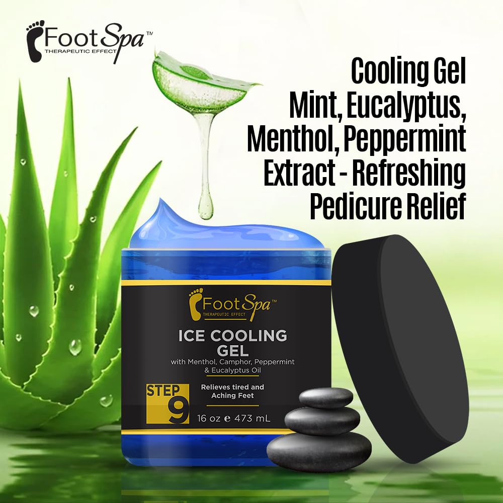 FootSpa cooling gel menthol close-up demonstrates cooling relief after a long day