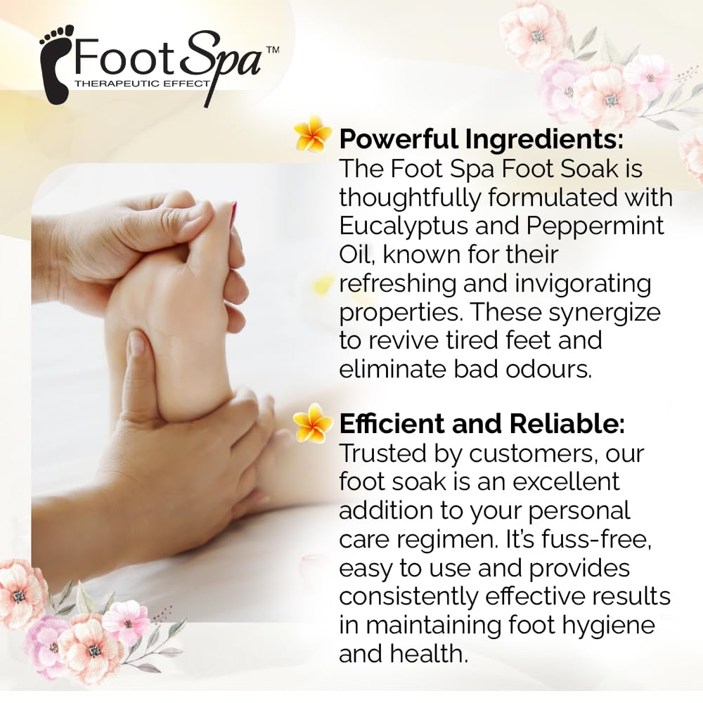 FootSpa Eucalyptus-Peppermint Oil bottle highlights natural essential oils in use.