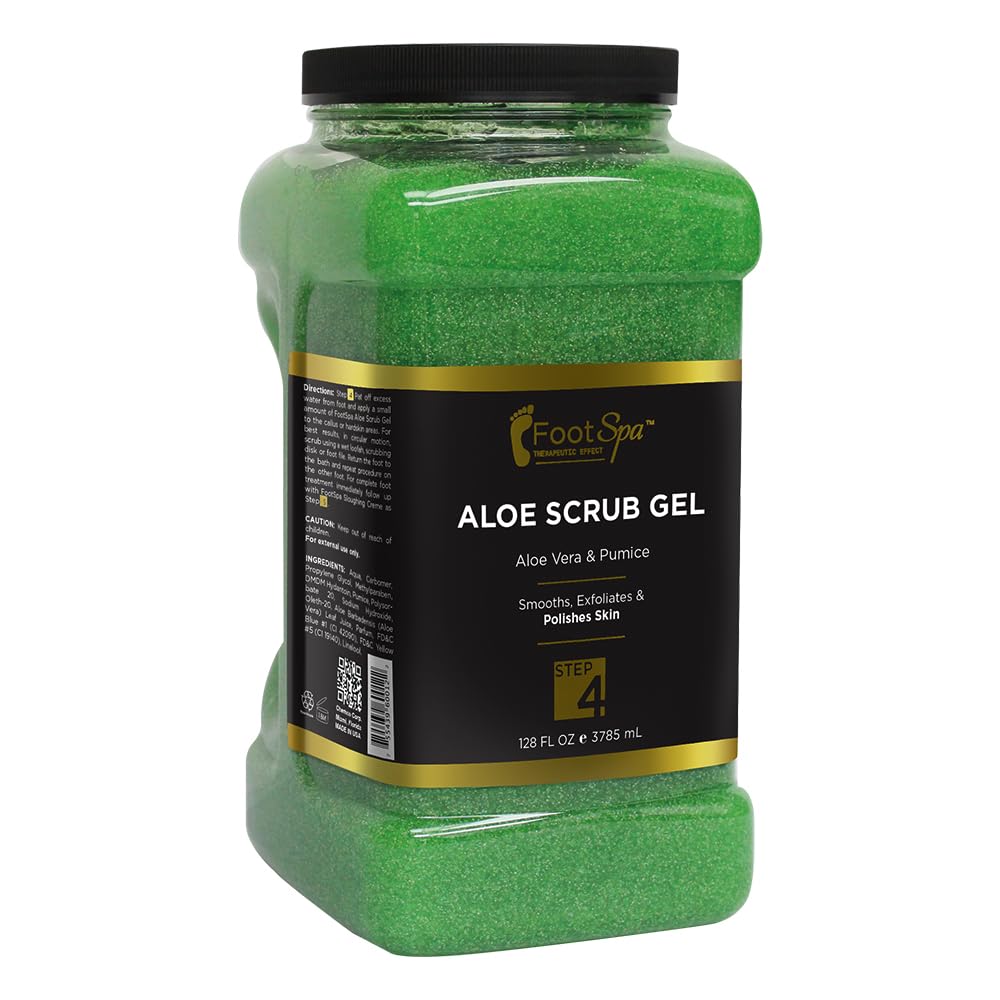 FootSpa Exfoliating Scrub Gel 128oz bottle for at-home spa-like foot care.