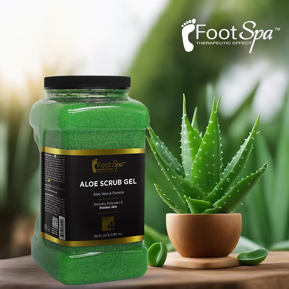FootSpa Exfoliating Scrub Gel label close-up showing USA-made quality and premium formula.