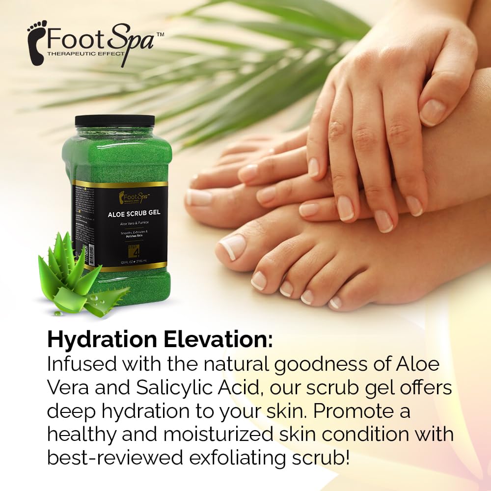 FootSpa scrub gel ingredients featuring Aloe Vera and Salicylic Acid for nourished skin.