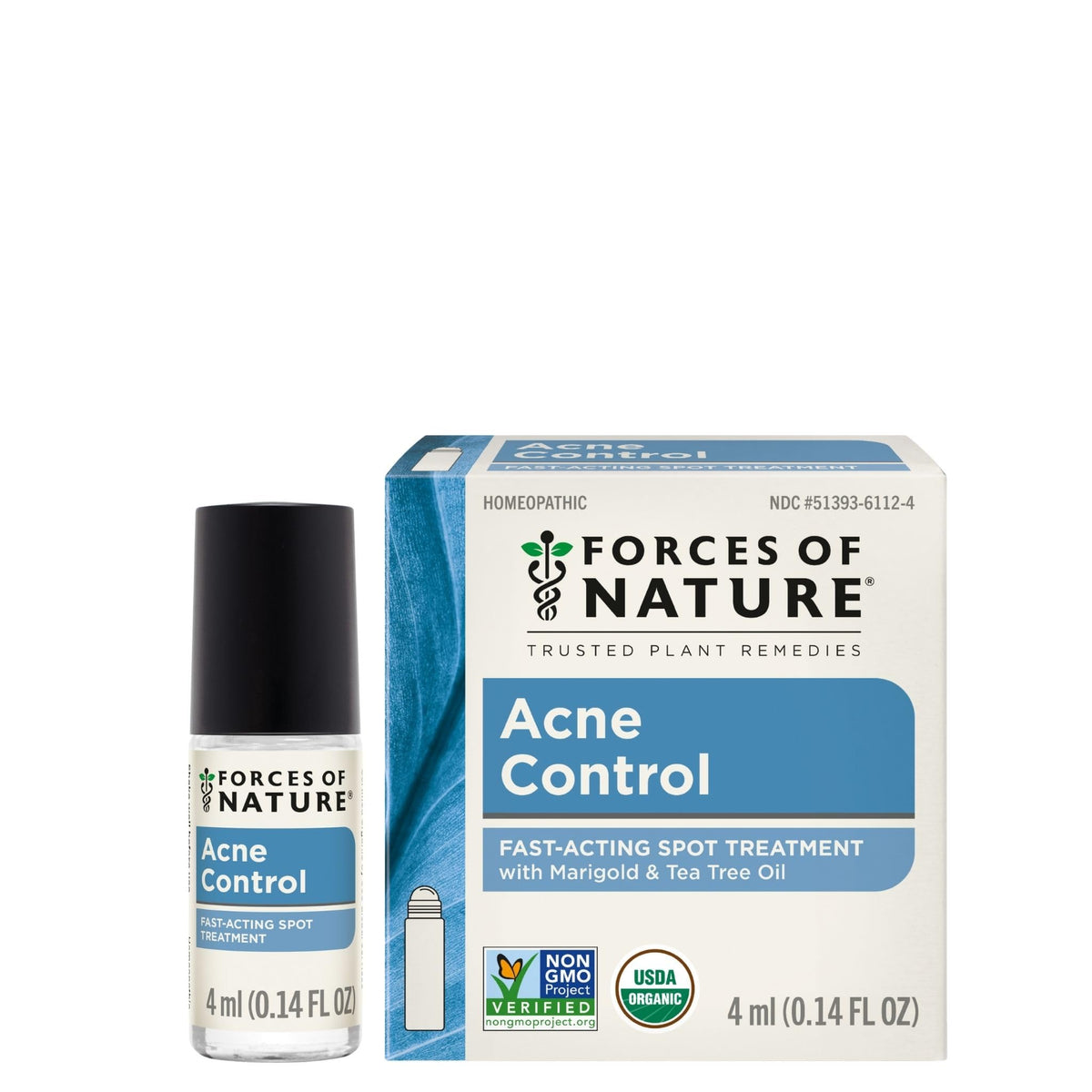Forces of Nature acne rollerball close-up shows precise on-spot treatment for breakouts.