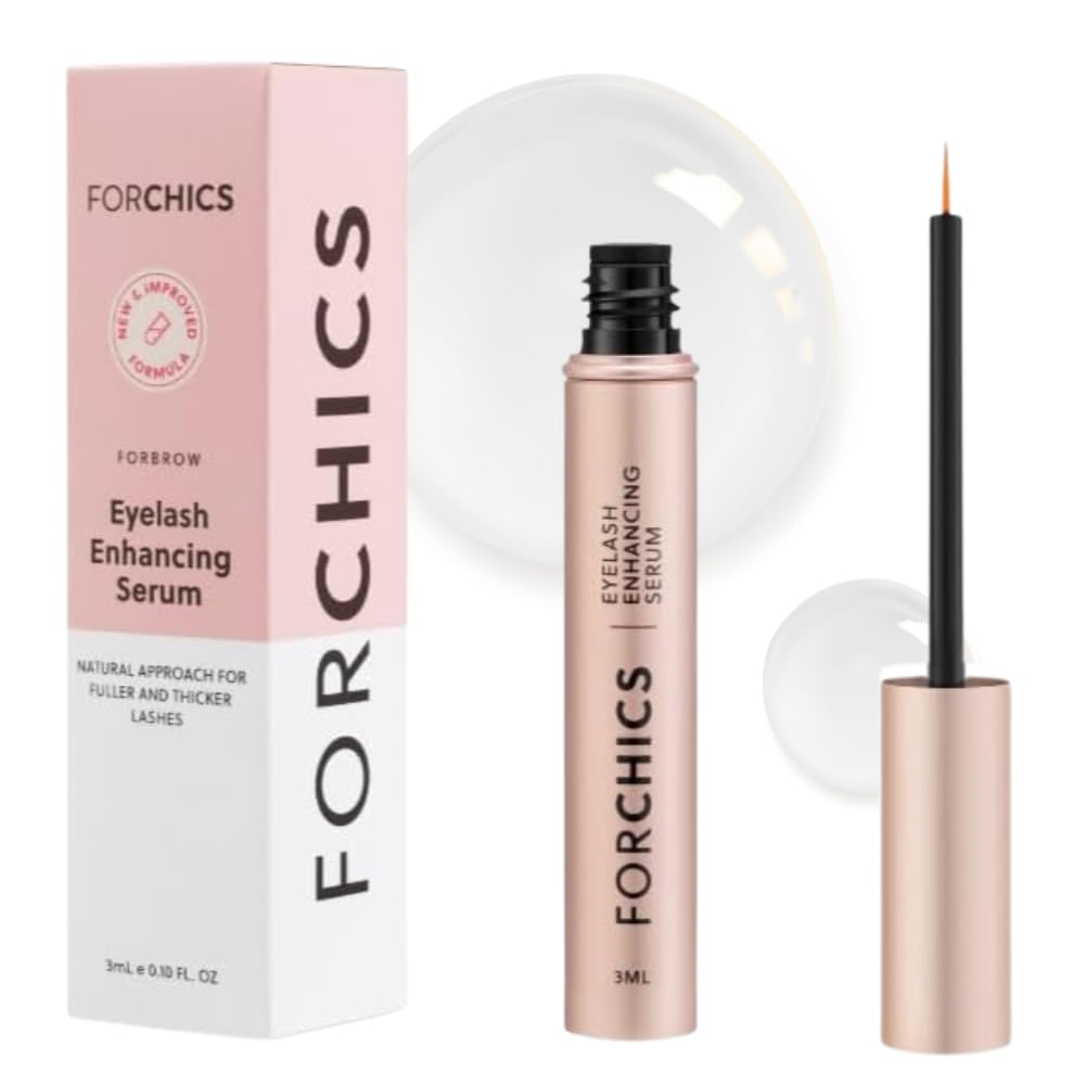 ForChics eyelash growth serum bottle closeup shows hormone-free formula for daily lash care.