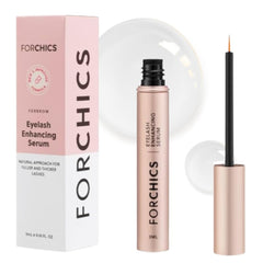 ForChics eyelash growth serum bottle closeup shows hormone-free formula for daily lash care.