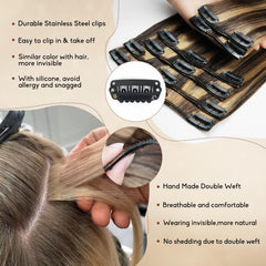Forede 20-inch balayage dark brown clip-ins blend with natural hair for easy styling.