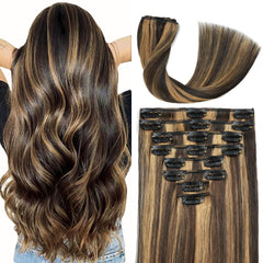 Forede clip-in extensions with seamless balayage dark brown for natural-looking added volume.