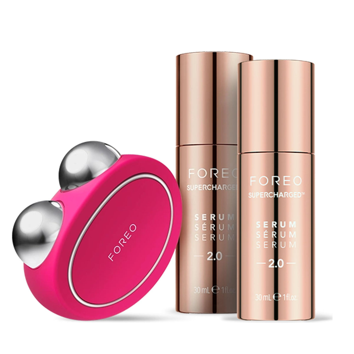 FOREO Bear device close-up showing microcurrent tech for facial firming.