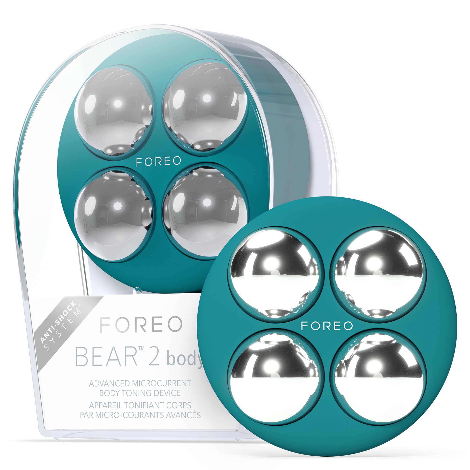 FOREO BEAR 2 body with large spheres smoothing thigh dimples for smoother skin.