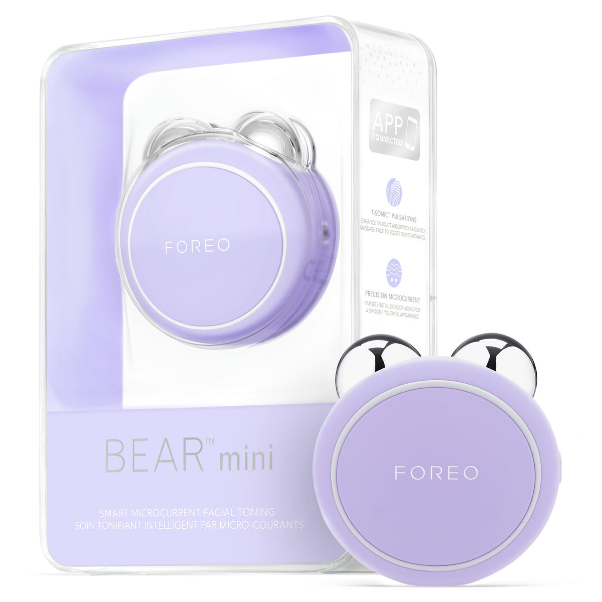 FOREO Bear mini lavender device close-up for travel-friendly toning.