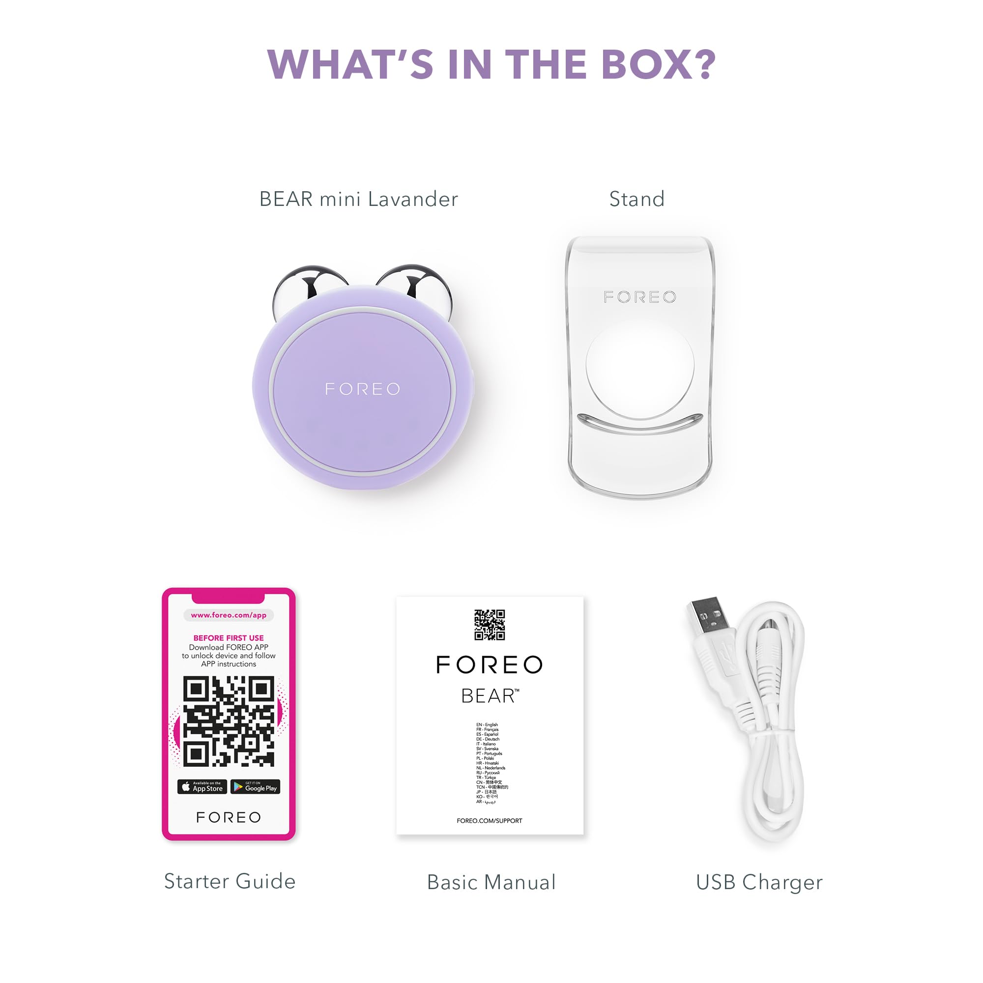 FOREO Bear mini lavender packaging and warranty information.