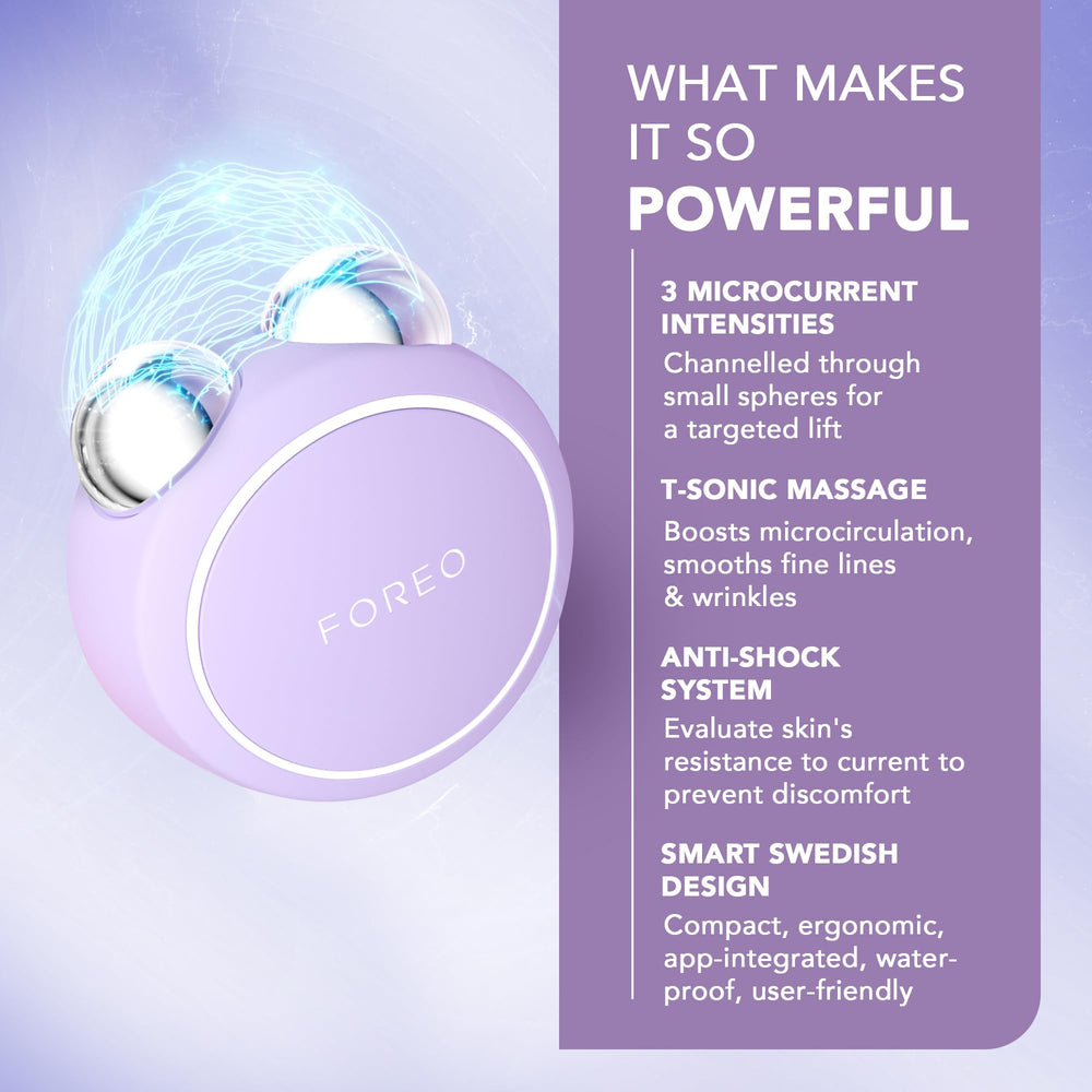 FOREO Bear mini microcurrent spheres contact skin for energy delivery.