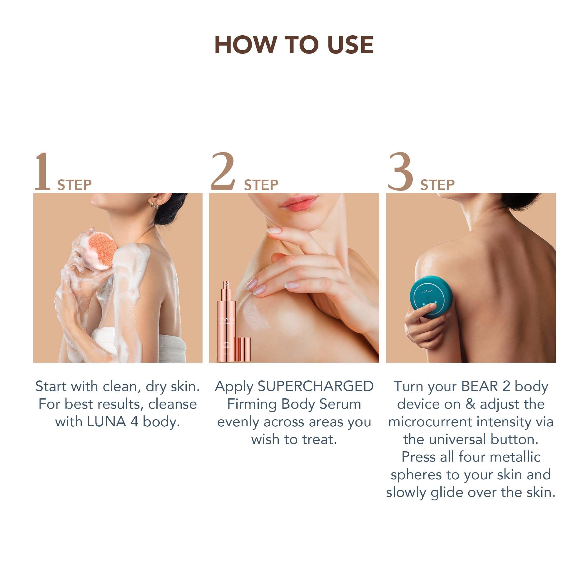 FOREO Serum texture close-up reveals featherweight formula on clean skin.