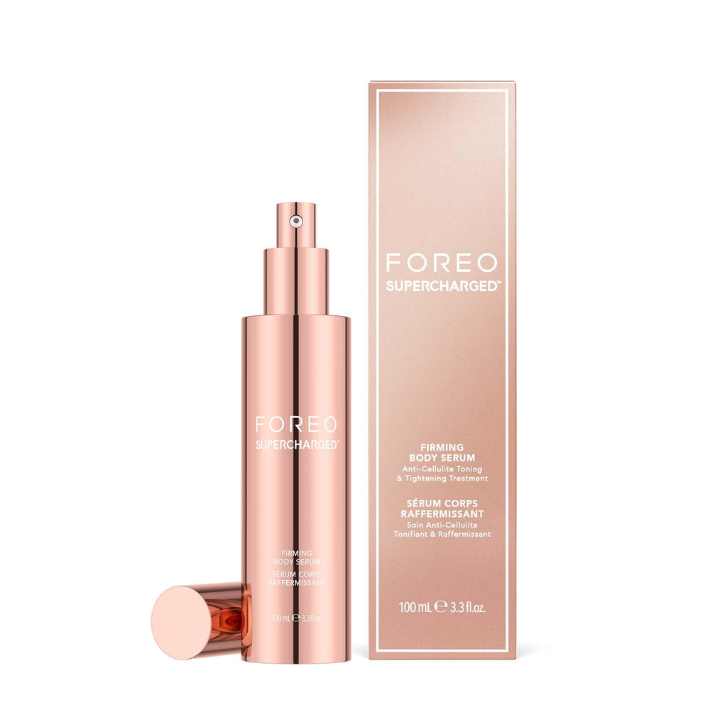 FOREO Supercharged Firming Body Serum bottle shows a conductive formula for smoother skin.